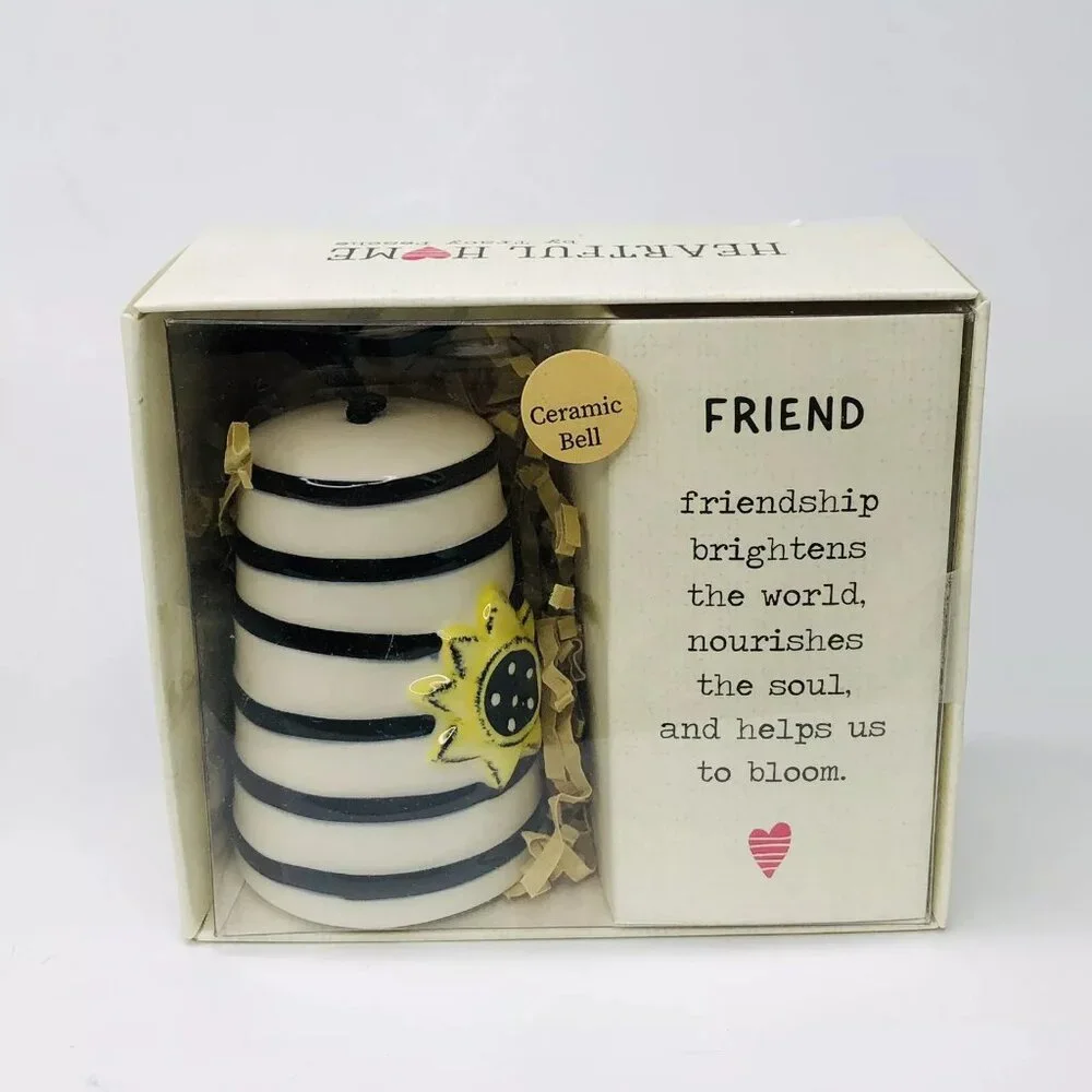 Ceramic White Bell Box Heartful Home Tracy Pesche FRIEND Sunflower Striped Black - Picture 3 of 5